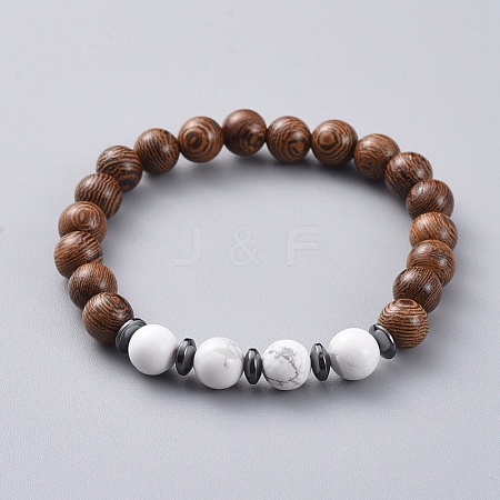  Jewelry Beads Findings Unisex Wood Beads Stretch Bracelets, with Natural Howlite Beads, Non-Magnetic Synthetic Hematite Beads, 59mm