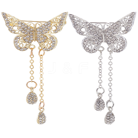 2Pcs 2 Colors Hollow Butterfly Zinc Alloy Crystal Rhinestone Teardrop Tassel Brooches JEWB-LP0001-01-1