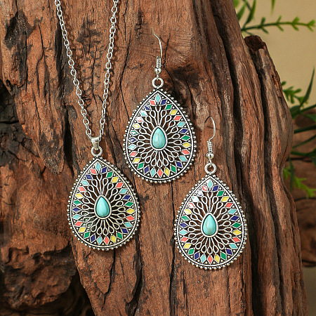 Bohemian Style Zinc Alloy & Synthetic Turquoise Pendant Necklaces & Dangle Earrings Sets WG40DB6-02-1