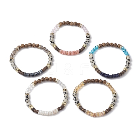 Round Natural Dalmatian Jasper & Glass & Wooden Beaded Stretch Bracelets for Women BJEW-JB10845-1