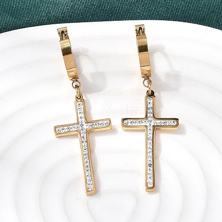 Cross 304 Stainless Steel Polymer Clay Rhinestones Hoop Earrings EJEW-G453-11G-02-1