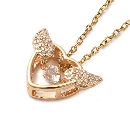 Brass Pave Clear Cubic Zirconia Heart Wing Pendant Necklaces NJEW-M080-01G-1