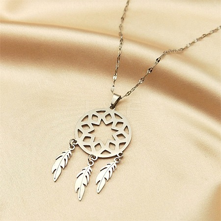 Woven Net/Web with Feather 304 Stainless Steel Pendant Necklaces for Women NJEW-G087-06P-1