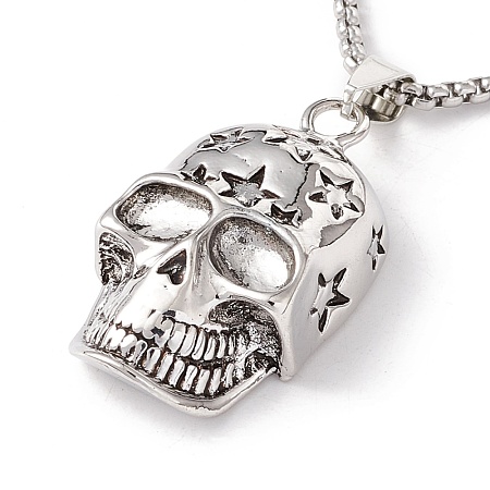 Alloy Skull with Star Pendant Necklace with 201 Stainless Steel Box Chains NJEW-E016-11AS-1