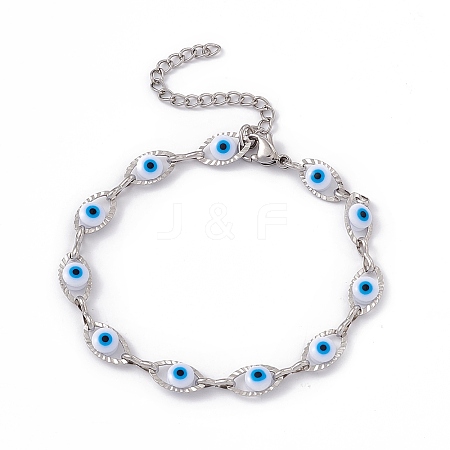 304 Stainless Steel Horse Eye Link Chain Bracelet with Resin Evil Eye Beaded for Women BJEW-F439-01P-01-1