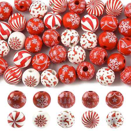 60Pcs 10 Styles Christmas Printed Schima Wood European Beads WOOD-FS0002-48-1