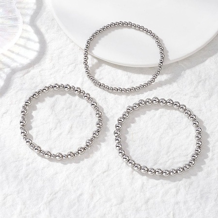 3Pcs 3 Styles Brass Round Beads Stretch Bracelets for Women BJEW-JB12796-1