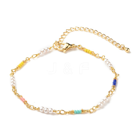 Imitation Pearl & Glass Seed Beaded Chain Bracelet for Women BJEW-JB07741-1