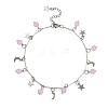 201 Stainless Steel Moon Star & Natural Dyed Malaysia Jade Round Charm Brass Bar Link Chain Anklets AJEW-AN00732-01-2