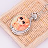 Alloy Flat Round with Cat Printed Porcelain Openable Pendant Necklace Quartz Pocket Watch WACH-M126-33-1