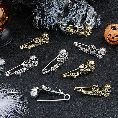 8Pcs 2 Colors Skeleton Halloween Zinc Alloy Brooch JEWB-FH0002-36-1