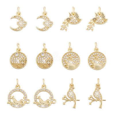 12Pcs 6 Style Brass Micro Pave Clear Cubic Zirconia Charms KK-FW0001-11-1