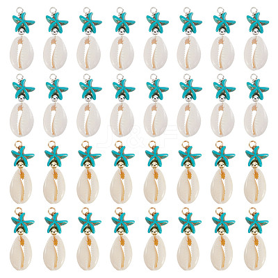 40Pcs 2 Colors Natural Cowrie Shell & Synthetic Turquoise Starfish Pendants PALLOY-HY00105-1