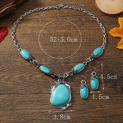 Bohemian Ethnic Style Alloy with Synthetic Turquoise Teardrop Pendant Necklaces & Oval Dangle Earrings Sets FS-WGCAAC5-01-1