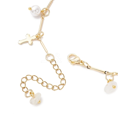 Natural White Moonstone Chip & Round Shell Pearl Cross Tassel Anklets AJEW-AN00716-03-1