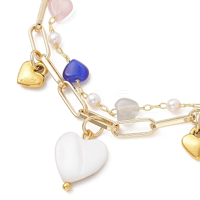 Brass Paperclip Chain & Cat Eye Heart & Plastic Pearl Beaded Chain Double Layers Bracelets for Women BJEW-JB13567-1