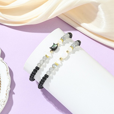 2Pcs Natural Selenite & Labradorite & Black Tourmaline & Shell Beaded Stretch Bracelets BJEW-JB13830-1