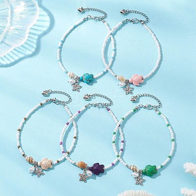 Summer Beach Dyed Synthetic Turquoise Turtle and Glass Seed Beaded Alloy Starfish Charm Anklets AJEW-AN00775-1