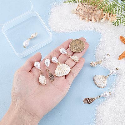 8Pcs 4 Styles Natural Spiral Shell Pendants and ABS Plastic Imitation Pearl Beads PALLOY-PH01748-1