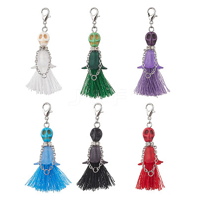 6Pcs 6 Colors Halloween Dyed Synthetic Turquoise Skull & Acrylic Flower Polycotton Tassel Pendant Decorations HJEW-JM03900-1