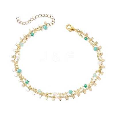 2Pcs 2 Styles Brass Star Tassel Handmade Glass Link Chain Anklet Sets AJEW-AN00761-1