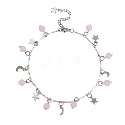 201 Stainless Steel Moon Star & Natural Dyed Malaysia Jade Round Charm Brass Bar Link Chain Anklets AJEW-AN00732-01-1