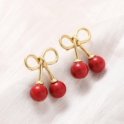 Cherry Brass ABS Plastic Pearl Stud Earrings EJEW-U062-03G-02-1