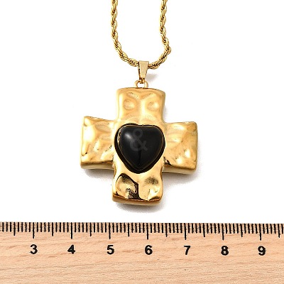 Cross with Heart 304 Stainless Steel Cubic Zirconia Pendant Necklaces NJEW-H070-01G-02-1