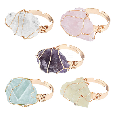 5Pcs 5 Styles Natural Yellow Quartz & Fluorite & Rose Quartz & Amethyst & Quartz Crystal Adjustable Finger Rings RJEW-FG0001-02-1