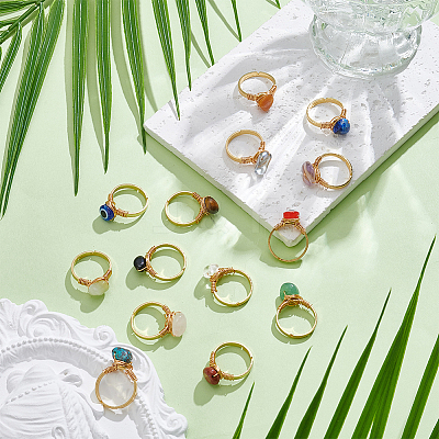 14Pcs 14 Styles 304 Stainless Steel & Gemstone Chip & Evil Eye Resin Finger Rings NJEW-WR00011-1