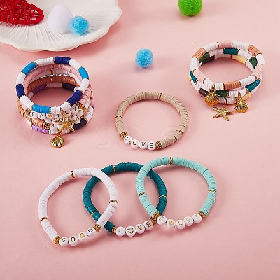 12Pcs 12 Style Handmade Polymer Clay Heisih Beaded Stretch Bracelets Set with Shell Starfish Charm BJEW-SW00035-1