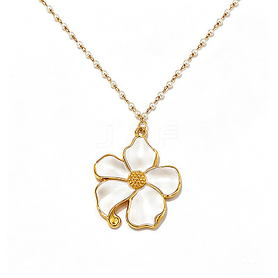 304 Stainless Steel Enamel White Pendant Imitation Pearl Beaded Chain Necklaces for Women WG574ED-01-1