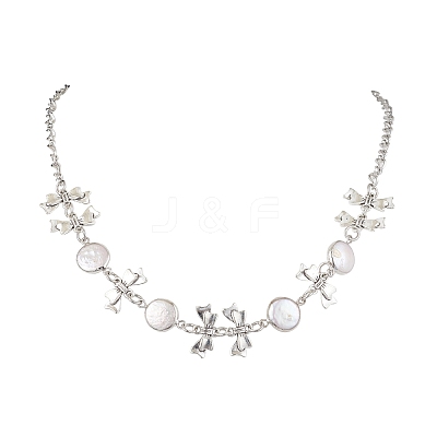 Flat Round Pearl with Bowknot Alloy Link Necklaces NJEW-JN04812-1