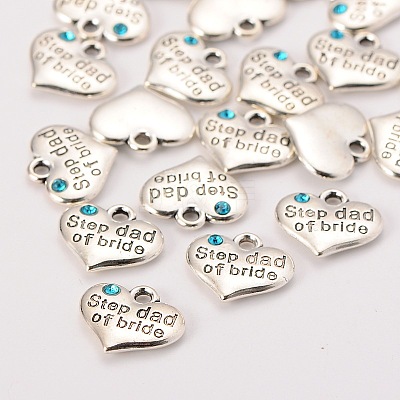 Wedding Theme Antique Silver Tone Tibetan Style Alloy Heart with Step Dad of Bride Rhinestone Charms LS-TIBEP-N005-22B-1