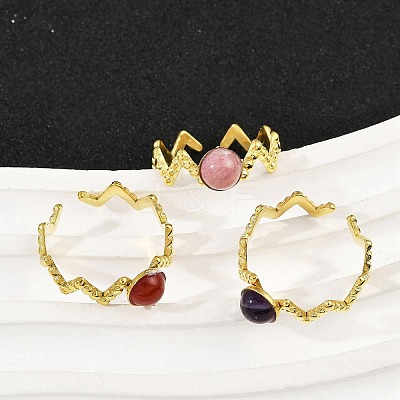 316 Stainless Steel with Natural Mixed Gemstone Cuff Rings RJEW-Z098-01G-03-1