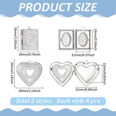 16Pcs 2 Styles 304 Stainless Steel Locket Pendants STAS-ME0003-38-1