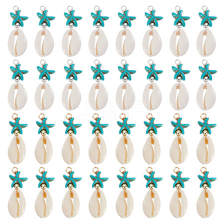 40Pcs 2 Colors Natural Cowrie Shell & Synthetic Turquoise Starfish Pendants PALLOY-HY00105-1
