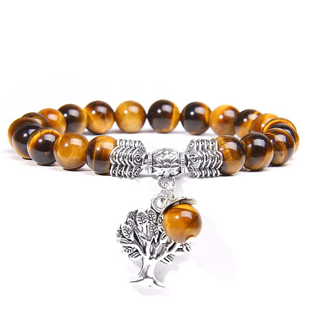 Natural Tiger Eye Beaded Stretch Bracelet with Alloy Tree of Life Charms PW-WG19782-16-1