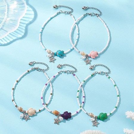Summer Beach Dyed Synthetic Turquoise Turtle and Glass Seed Beaded Alloy Starfish Charm Anklets AJEW-AN00775-1