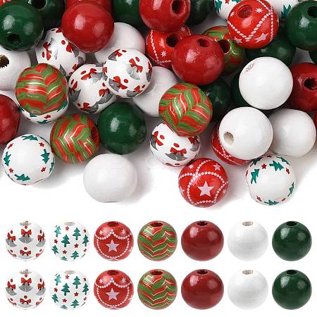 50Pcs 7 Colors Christmas Spray Painted Wood European Beads WOOD-FS0002-43-1