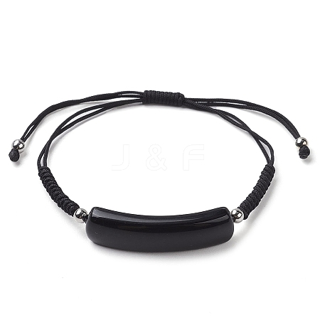 Curved Rectangle Natural Obsidian Adjustable Nylon Cord Braided Bead Bracelets for Women Men BJEW-JB10280-03-1