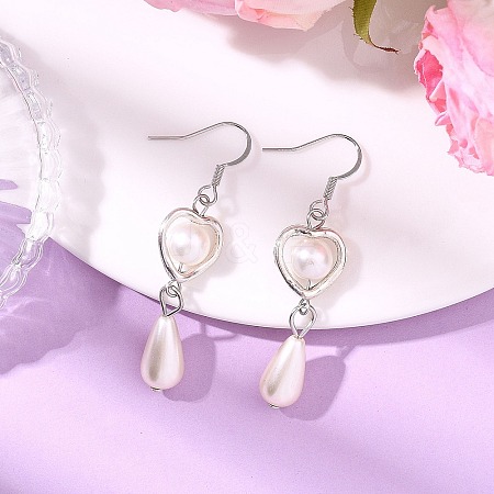 Heart with Teardrop Alloy Acrylic Imitated Pearl Dangle Earrings EJEW-JE06770-1