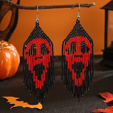 Skull Pattern Glass Bead Handmade Tassel Earrings for Women KP0483-1