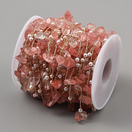 Dyed Light Coral Natural Rose Quartz Nuggets & ABS Plastic Pearl Beaded Chains CHC-CJC0004-01KCG-1