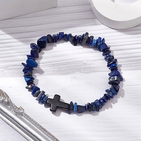 Natural Lapis Lazuli Chips Stretch Bracelets for Women Men BJEW-JB11341-07-1