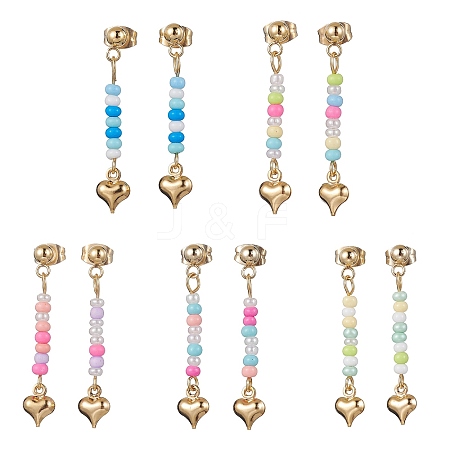 5 Pairs 5 Colors Golden 304 Stainless Steel Heart Dangle Stud Earrings EJEW-JE05538-S-1