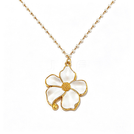 304 Stainless Steel Enamel White Pendant Imitation Pearl Beaded Chain Necklaces for Women WG574ED-01-1