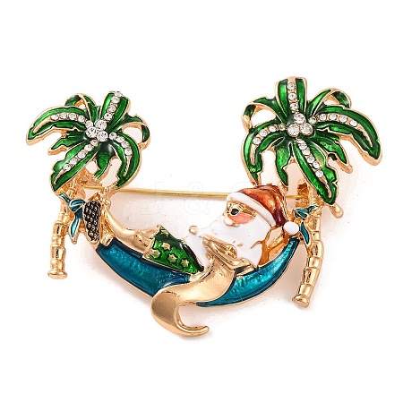 Christmas Theme Santa Claus with Coconut Tree Alloy Rhinestone Brooches JEWB-M043-12KCG-01-1