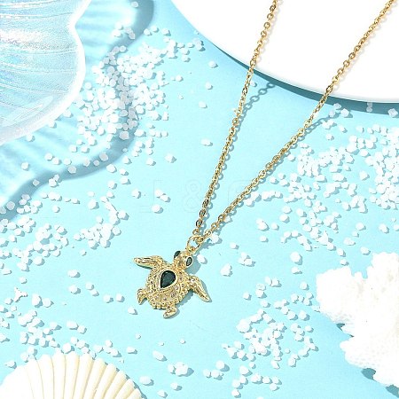 Ocean Brass Pavel Green Cubic Zirconia Sea Turtle Pendant 304 Stainless Steel Cable Chain Necklaces NJEW-JN06678-1