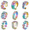   9Pcs 9 Style 304 Stainless Steel Leaf & Feather & Bullet & Crown & Flower Cuff Ring RJEW-PH0001-07-7